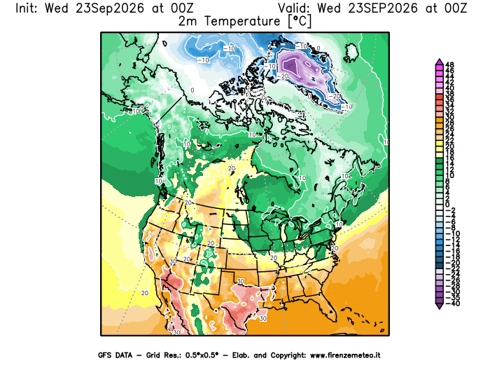 Mappa di analisi GFS - Temperatura a 2 metri dal suolo in Nord-America
del 23 settembre 2026 z00