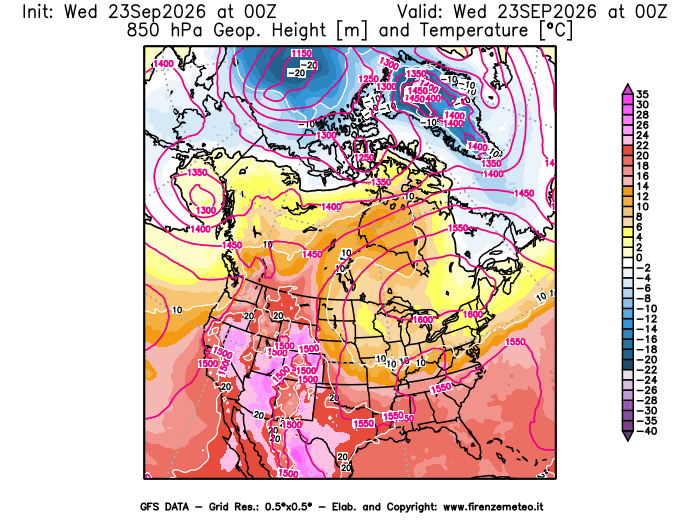 Mappa di analisi GFS - Geopotenziale e Temperatura a 850 hPa in Nord-America
del 23 settembre 2026 z00