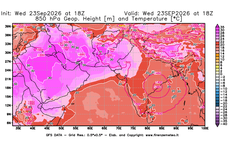 Mappa di analisi GFS - Geopotenziale e Temperatura a 850 hPa in Asia Sud-Occidentale
del 23 settembre 2026 z18