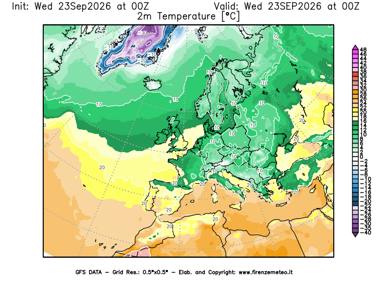 Mappa di analisi GFS - Temperatura a 2 metri dal suolo in Europa
del 23 settembre 2026 z00