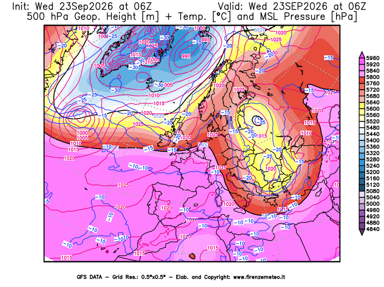 Mappa di analisi GFS - Geopotenziale + Temp. a 500 hPa + Press. a livello del mare in Europa
del 23 settembre 2026 z06