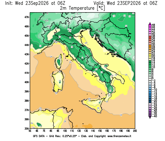Mappa di analisi GFS - Temperatura a 2 metri dal suolo in Italia
del 23 settembre 2026 z06