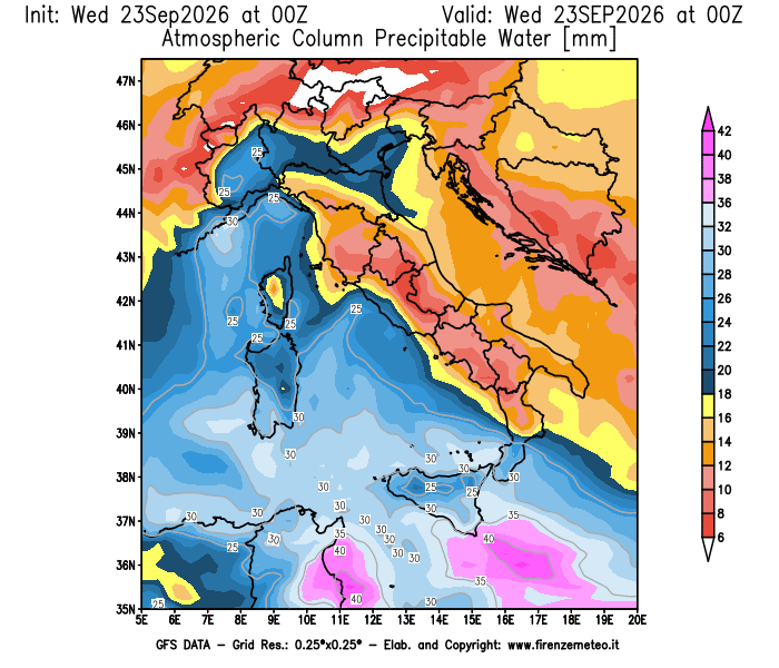 Mappa di analisi GFS - Precipitable Water in Italia
del 23 settembre 2026 z00