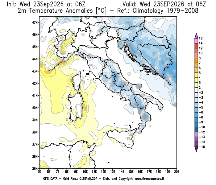 Mappa di analisi GFS - Anomalia Temperatura a 2 m in Italia
del 23 settembre 2026 z06