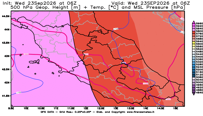 Mappa di analisi GFS - Geopotenziale + Temp. a 500 hPa + Press. a livello del mare in Centro-Italia
del 23 settembre 2026 z06