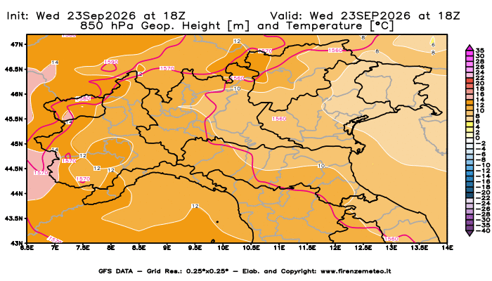 Mappa di analisi GFS - Geopotenziale e Temperatura a 850 hPa in Nord-Italia
del 23 settembre 2026 z18
