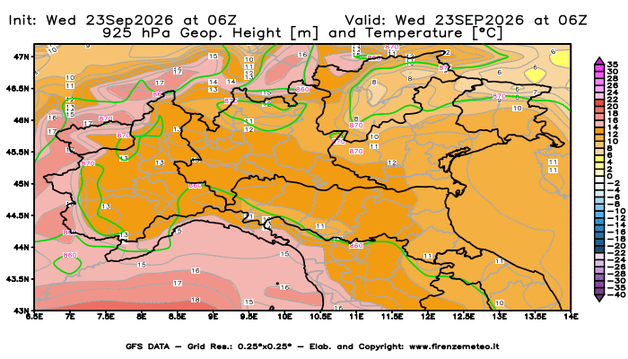 Mappa di analisi GFS - Geopotenziale e Temperatura a 925 hPa in Nord-Italia
del 23 settembre 2026 z06