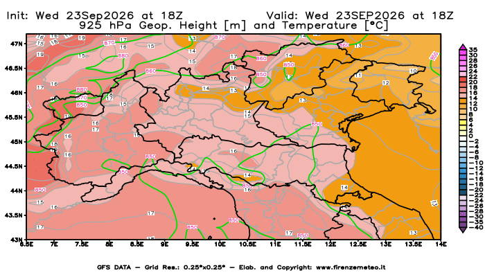 Mappa di analisi GFS - Geopotenziale e Temperatura a 925 hPa in Nord-Italia
del 23 settembre 2026 z18