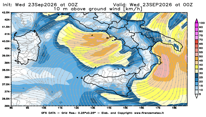 Mappa di analisi GFS - Velocità del vento a 10 metri dal suolo in Sud-Italia
del 23 settembre 2026 z00