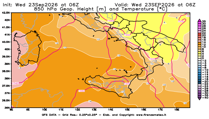 Mappa di analisi GFS - Geopotenziale e Temperatura a 850 hPa in Sud-Italia
del 23 settembre 2026 z06