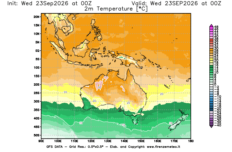 Mappa di analisi GFS - Temperatura a 2 metri dal suolo in Oceania
del 23 settembre 2026 z00