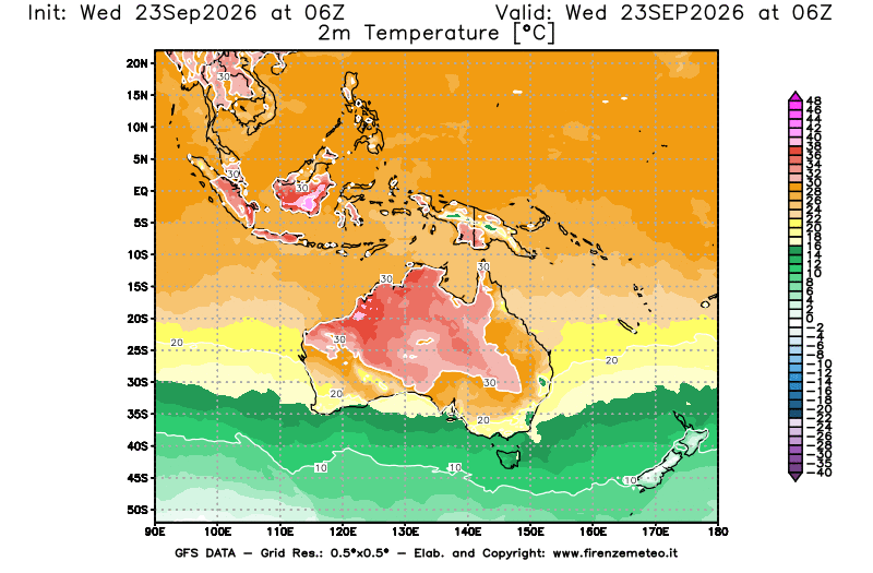 Mappa di analisi GFS - Temperatura a 2 metri dal suolo in Oceania
del 23 settembre 2026 z06