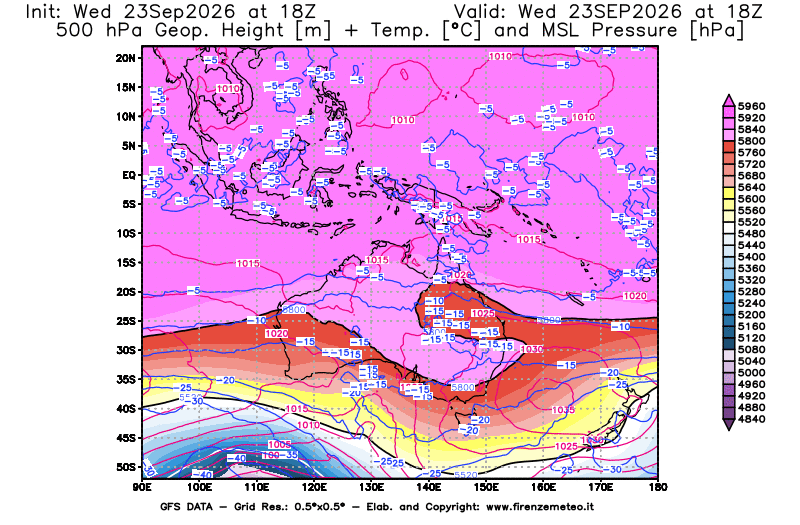 Mappa di analisi GFS - Geopotenziale + Temp. a 500 hPa + Press. a livello del mare in Oceania
del 23 settembre 2026 z18