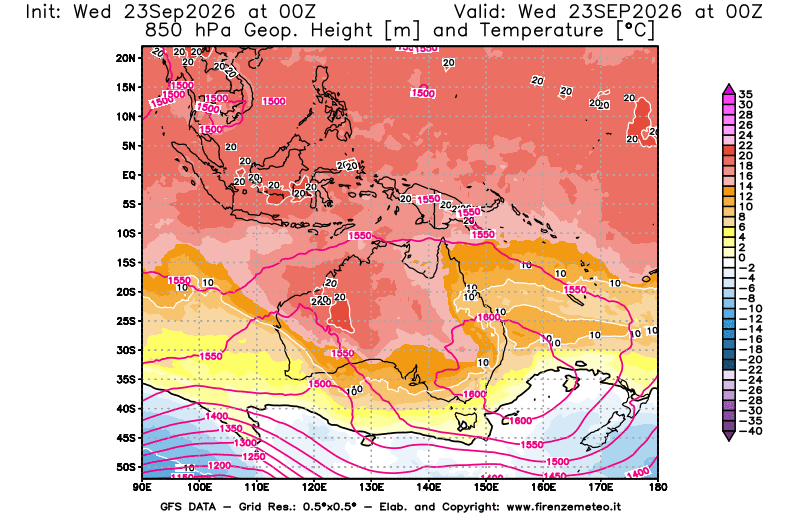 Mappa di analisi GFS - Geopotenziale e Temperatura a 850 hPa in Oceania
del 23 settembre 2026 z00