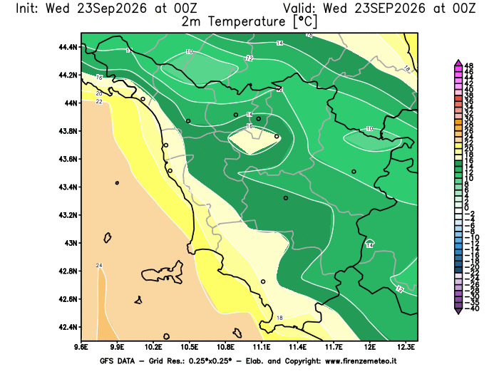Mappa di analisi GFS - Temperatura a 2 metri dal suolo in Toscana
del 23 settembre 2026 z00