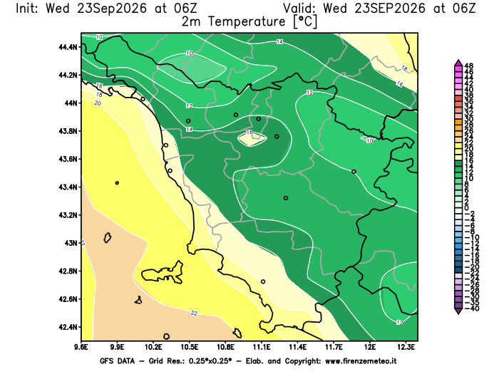 Mappa di analisi GFS - Temperatura a 2 metri dal suolo in Toscana
del 23 settembre 2026 z06