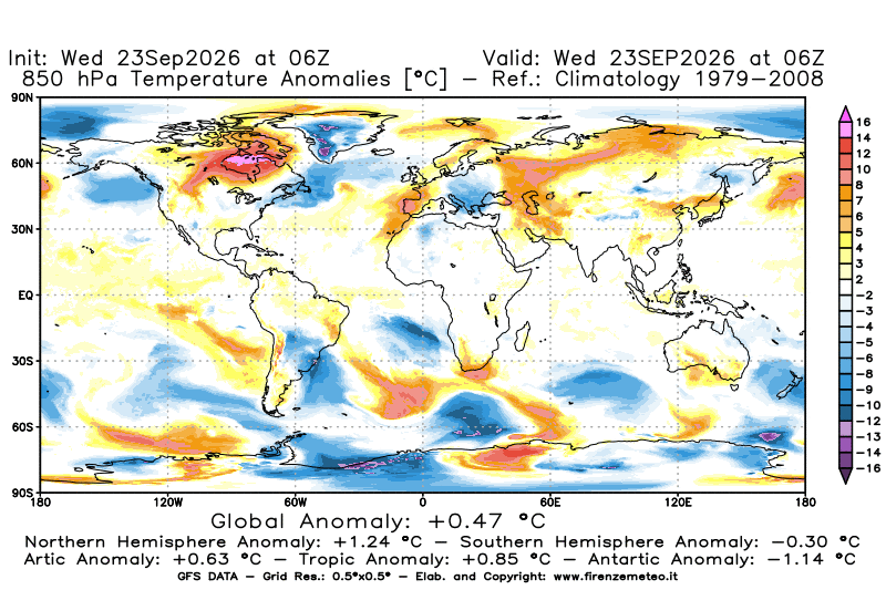 Mappa di analisi GFS - Anomalia Temperatura a 850 hPa in World
del 23 settembre 2026 z06