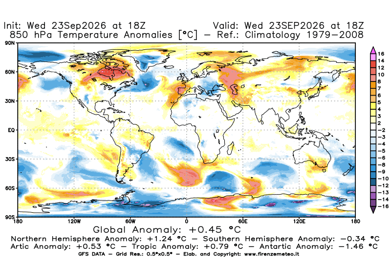 Mappa di analisi GFS - Anomalia Temperatura a 850 hPa in World
del 23 settembre 2026 z18