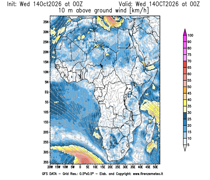 Mappa di analisi GFS - Velocità del vento a 10 metri dal suolo in Africa
del 14 ottobre 2026 z00