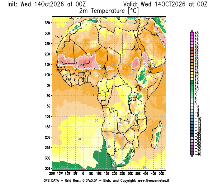 Mappa di analisi GFS - Temperatura a 2 metri dal suolo in Africa
del 14 ottobre 2026 z00