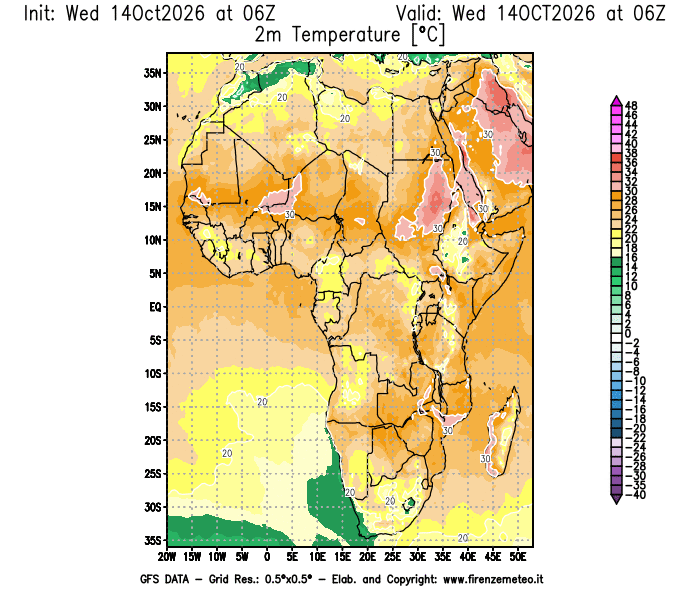 Mappa di analisi GFS - Temperatura a 2 metri dal suolo in Africa
del 14 ottobre 2026 z06