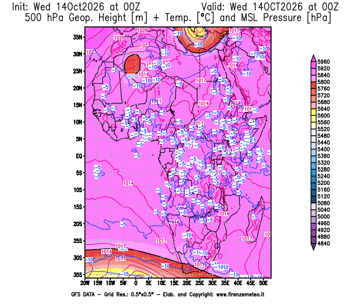 Mappa di analisi GFS - Geopotenziale + Temp. a 500 hPa + Press. a livello del mare in Africa
del 14 ottobre 2026 z00