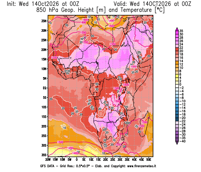 Mappa di analisi GFS - Geopotenziale e Temperatura a 850 hPa in Africa
del 14 ottobre 2026 z00