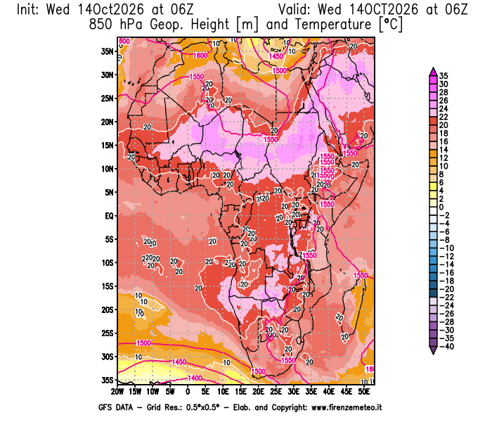 Mappa di analisi GFS - Geopotenziale e Temperatura a 850 hPa in Africa
del 14 ottobre 2026 z06