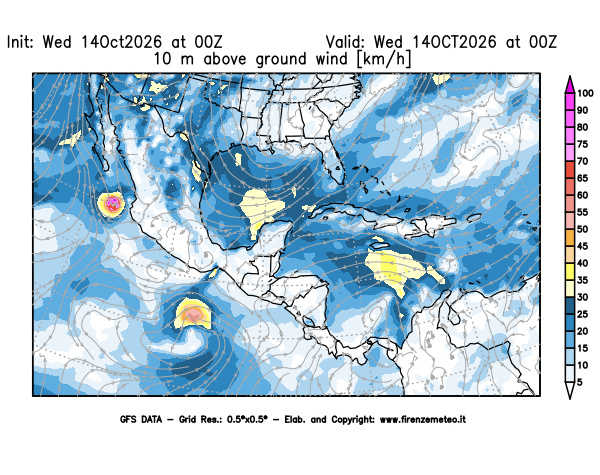 Mappa di analisi GFS - Velocità del vento a 10 metri dal suolo in Centro-America
del 14 ottobre 2026 z00