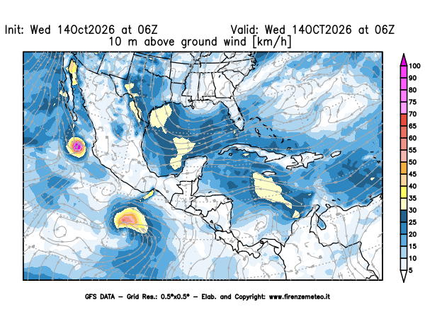 Mappa di analisi GFS - Velocità del vento a 10 metri dal suolo in Centro-America
del 14 ottobre 2026 z06