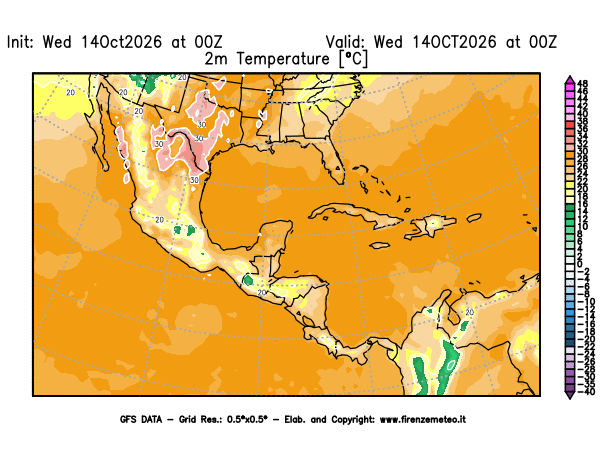Mappa di analisi GFS - Temperatura a 2 metri dal suolo in Centro-America
del 14 ottobre 2026 z00