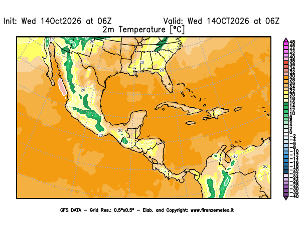 Mappa di analisi GFS - Temperatura a 2 metri dal suolo in Centro-America
del 14 ottobre 2026 z06