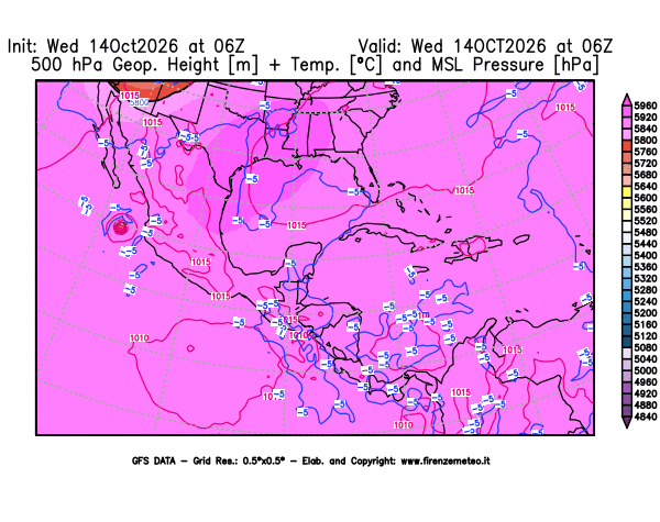 Mappa di analisi GFS - Geopotenziale + Temp. a 500 hPa + Press. a livello del mare in Centro-America
del 14 ottobre 2026 z06