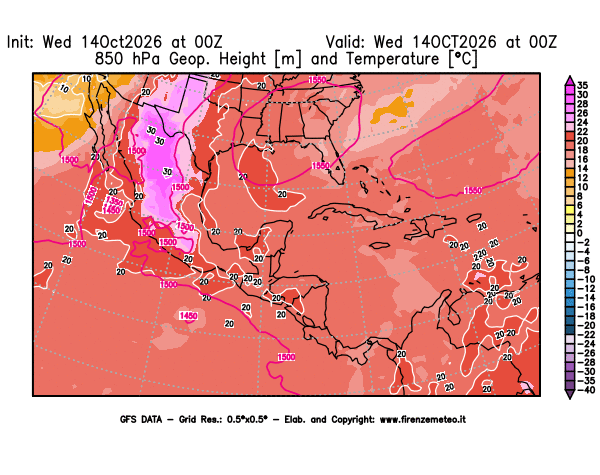 Mappa di analisi GFS - Geopotenziale e Temperatura a 850 hPa in Centro-America
del 14 ottobre 2026 z00