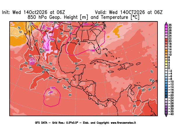 Mappa di analisi GFS - Geopotenziale e Temperatura a 850 hPa in Centro-America
del 14 ottobre 2026 z06