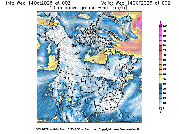 Mappa di analisi GFS - Velocità del vento a 10 metri dal suolo in Nord-America
del 14 ottobre 2026 z00