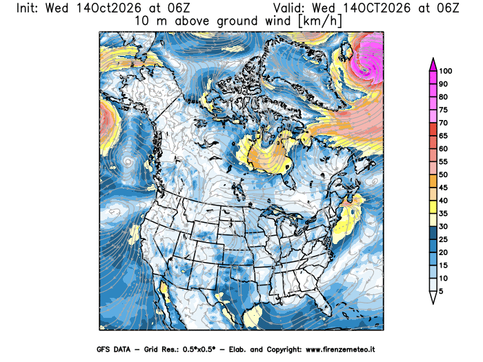 Mappa di analisi GFS - Velocità del vento a 10 metri dal suolo in Nord-America
del 14 ottobre 2026 z06