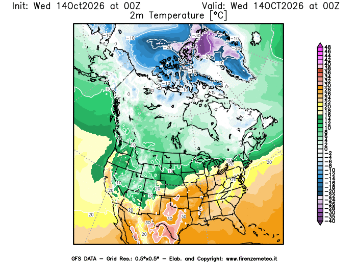 Mappa di analisi GFS - Temperatura a 2 metri dal suolo in Nord-America
del 14 ottobre 2026 z00