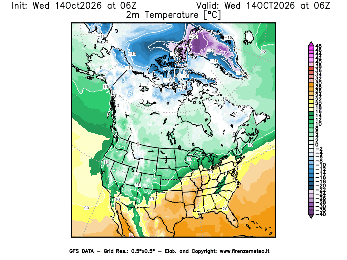 Mappa di analisi GFS - Temperatura a 2 metri dal suolo in Nord-America
del 14 ottobre 2026 z06