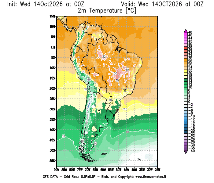 Mappa di analisi GFS - Temperatura a 2 metri dal suolo in Sud-America
del 14 ottobre 2026 z00