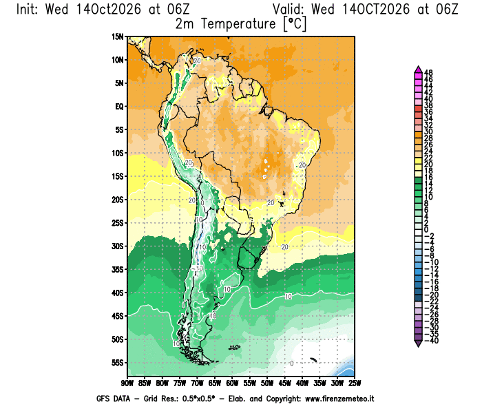 Mappa di analisi GFS - Temperatura a 2 metri dal suolo in Sud-America
del 14 ottobre 2026 z06