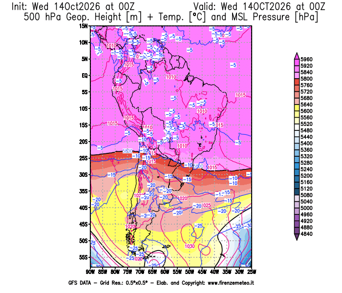 Mappa di analisi GFS - Geopotenziale + Temp. a 500 hPa + Press. a livello del mare in Sud-America
del 14 ottobre 2026 z00