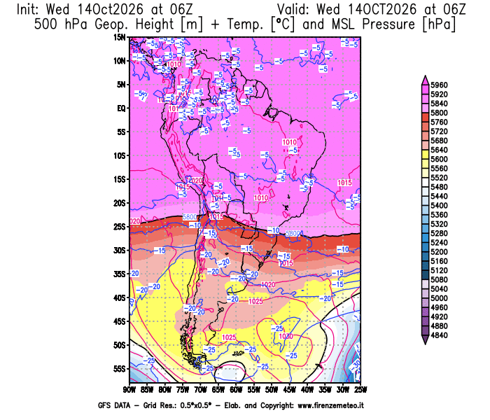 Mappa di analisi GFS - Geopotenziale + Temp. a 500 hPa + Press. a livello del mare in Sud-America
del 14 ottobre 2026 z06