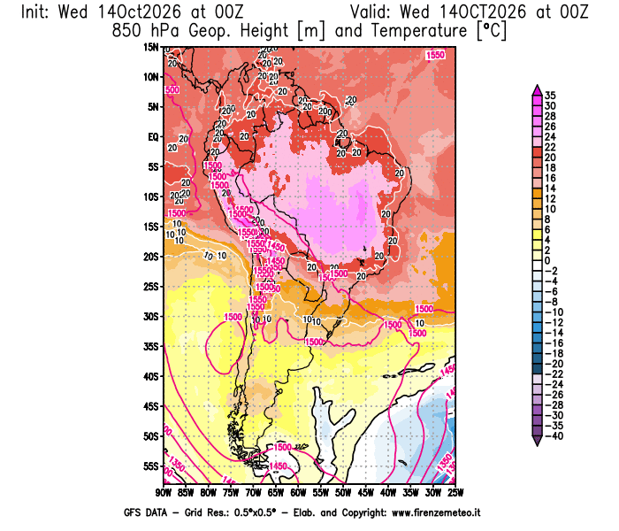 Mappa di analisi GFS - Geopotenziale e Temperatura a 850 hPa in Sud-America
del 14 ottobre 2026 z00