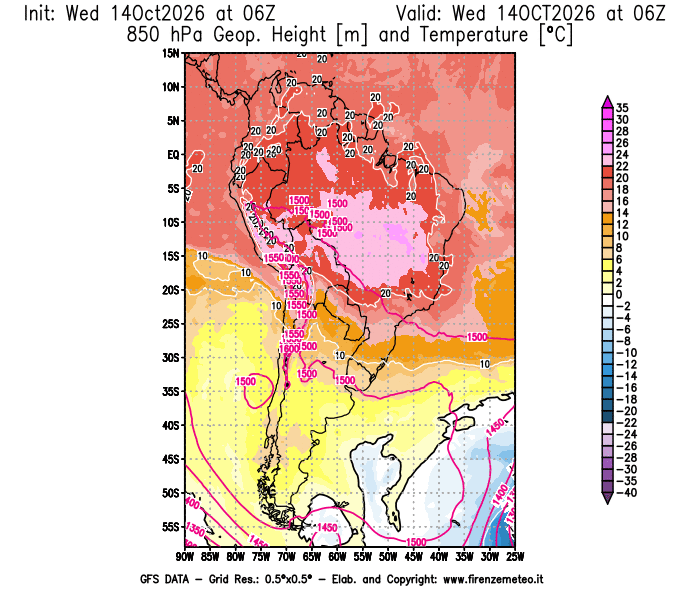 Mappa di analisi GFS - Geopotenziale e Temperatura a 850 hPa in Sud-America
del 14 ottobre 2026 z06
