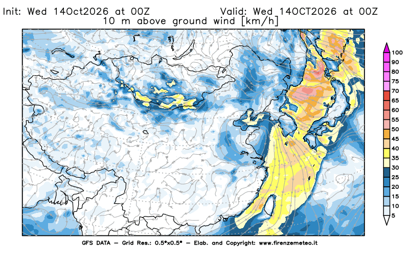 Mappa di analisi GFS - Velocità del vento a 10 metri dal suolo in Asia Orientale
del 14 ottobre 2026 z00