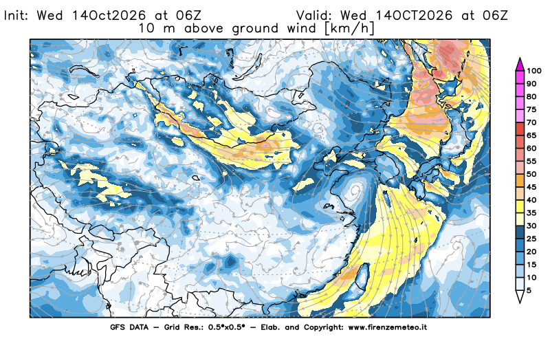 Mappa di analisi GFS - Velocità del vento a 10 metri dal suolo in Asia Orientale
del 14 ottobre 2026 z06