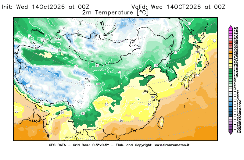 Mappa di analisi GFS - Temperatura a 2 metri dal suolo in Asia Orientale
del 14 ottobre 2026 z00