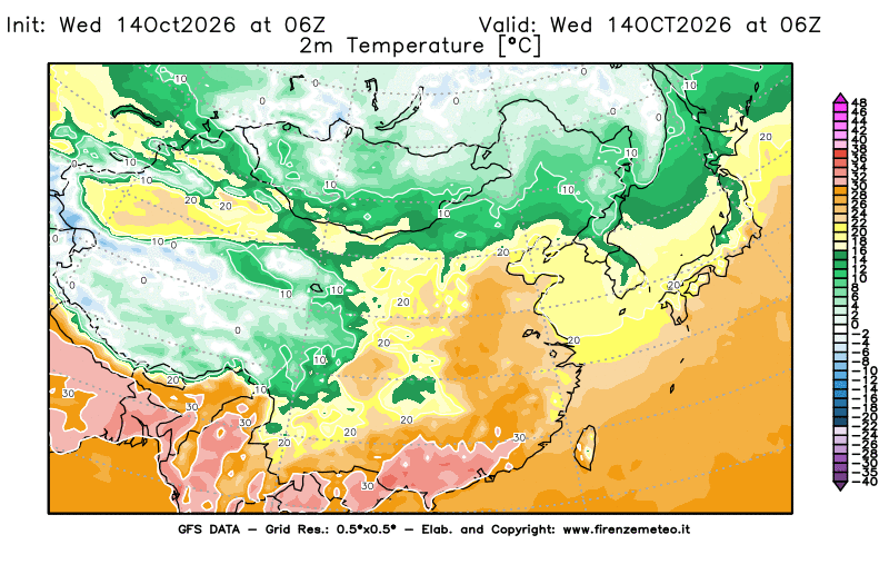 Mappa di analisi GFS - Temperatura a 2 metri dal suolo in Asia Orientale
del 14 ottobre 2026 z06