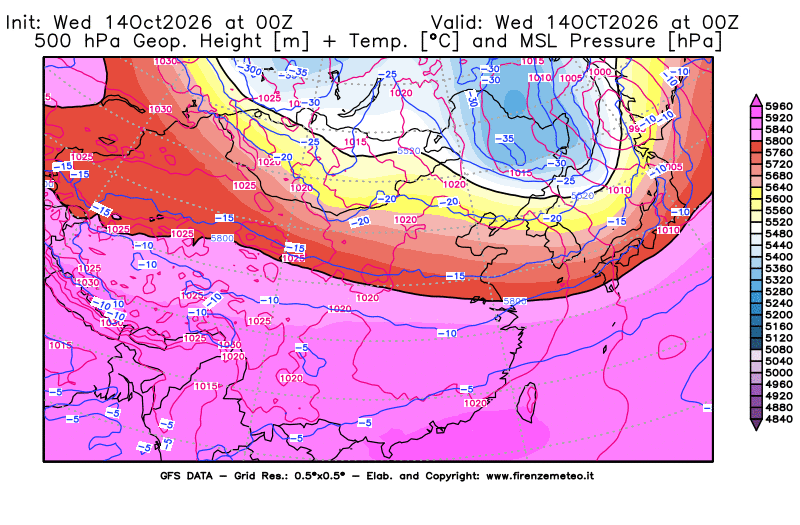 Mappa di analisi GFS - Geopotenziale + Temp. a 500 hPa + Press. a livello del mare in Asia Orientale
del 14 ottobre 2026 z00